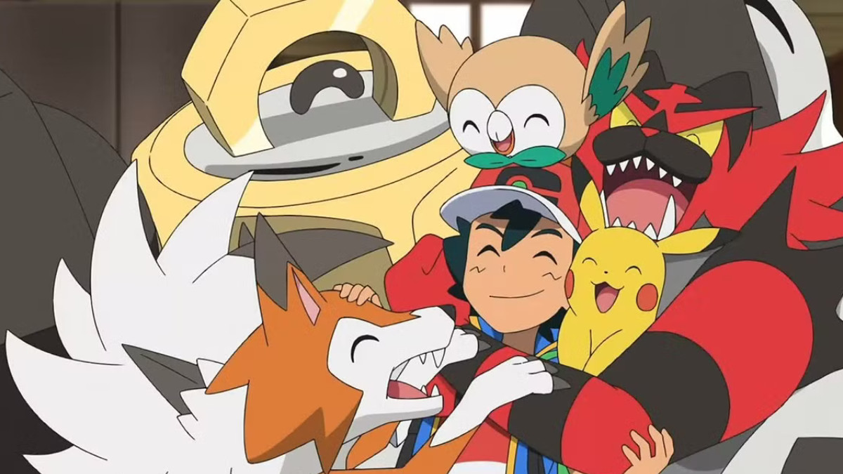 Ash's Alolan Pokémon team, including Melmetal, Lycanroc, Inceneroar, Rowlett, and Pikachu all hugging