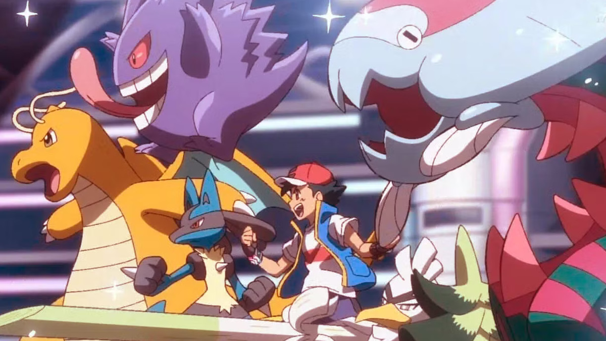 Ash's team in Pokémon Journeys, including Dragonite, Gengar, Dracovish, Lucario, Sirfetch'd, and Pikachu 