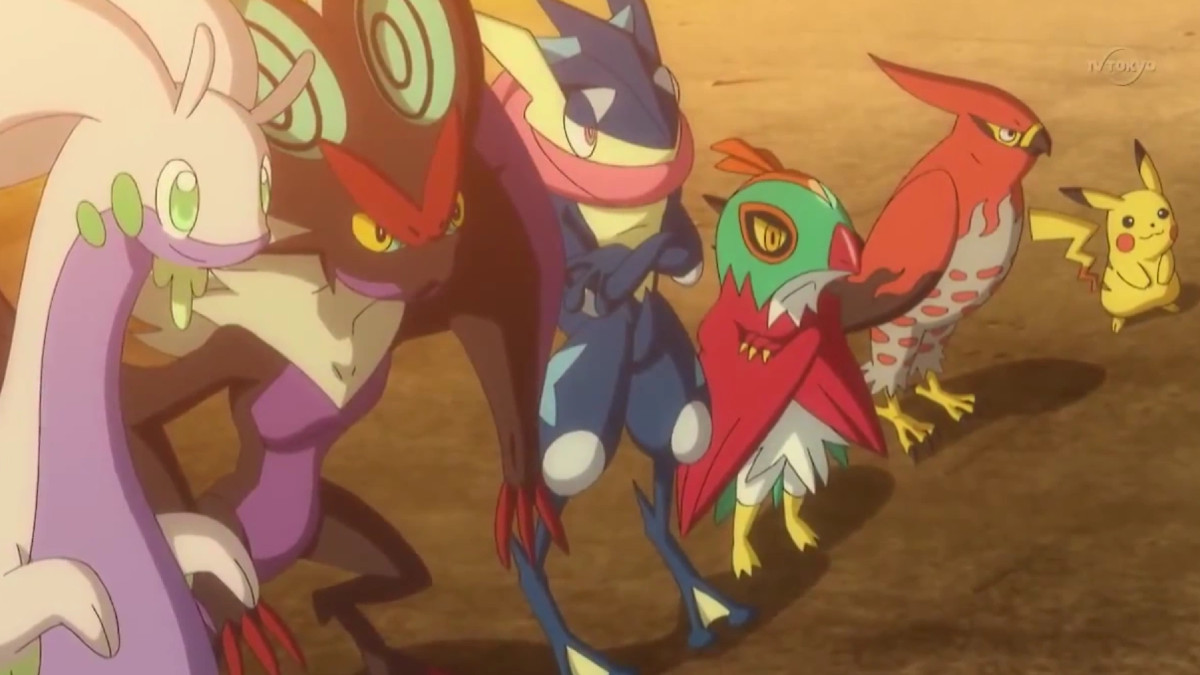 Goodra, Noivern, Greninja, Hawlucha, Talonflame, and Pikachu in Kalos