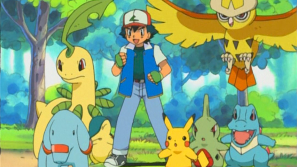 Ash's Pokémon team in Johto, including Phanphy, Bayleef, Noctowl, Totodile, Pikachu, and Larvitar 