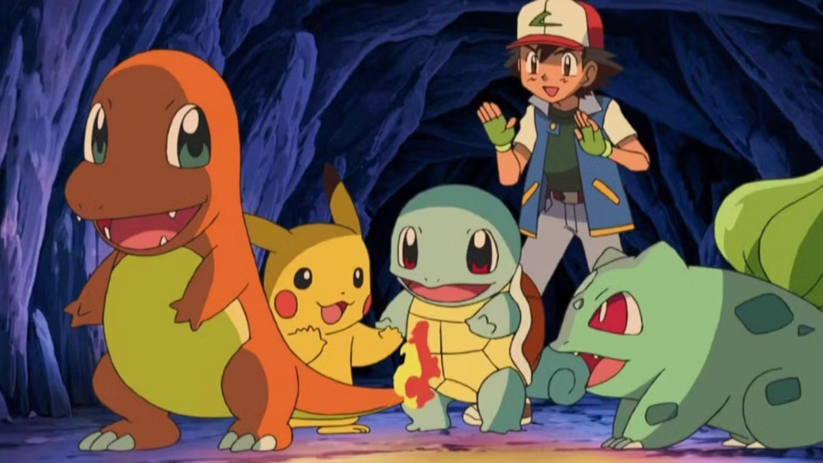 Charmander, Pikachu, Squirtle, Bulbasaur, and Ash Ketchum in the original Pokémon anime, standing in a cave