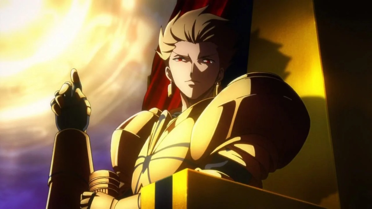 gilgamesh from fate/zero sitting on a golden throne