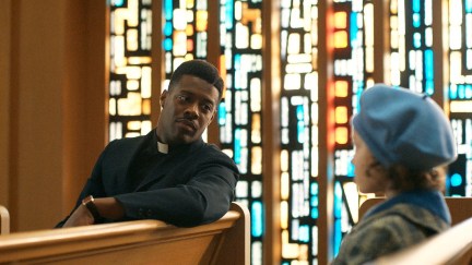 Patrick Walker as Reverend Wakely and Alice Halsey as Mad Zott in Lessons in Chemistry