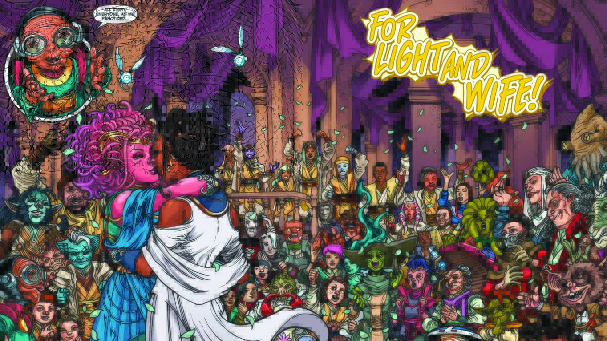 Two Star Wars aliens kiss at their wedding with Star Wars characters applauding in the background. The words "For Light and Wife!" are in a glowing, yellow font in the right corner.