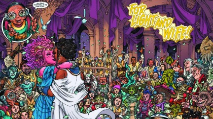 Two Star Wars aliens kiss at their wedding with Star Wars characters applauding in the background. The words 