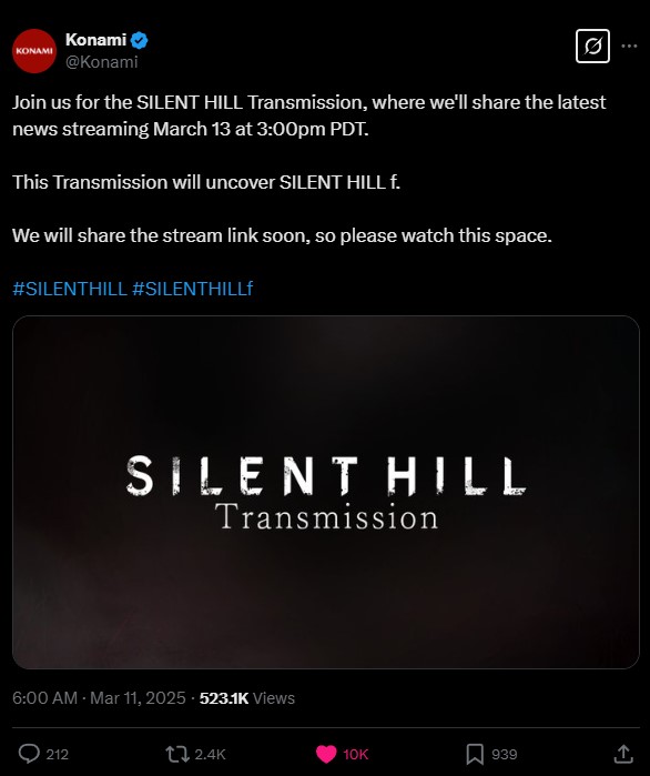Silent Hill f announcement underway in Konami's tweet