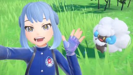 Player with her shiny Whimsicott in Pokémon Violet