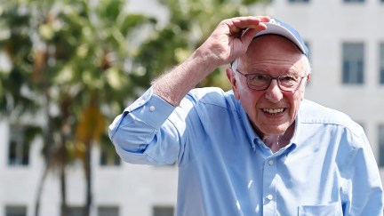 LOS ANGELES, CALIFORNIA - APRIL 12: U.S. Sen. Bernie Sanders (I-VT) walks onstage during a stop on his ‘Fighting Oligarchy’ tour at Grand Park on April 12, 2025 in Los Angeles, California. The rally with Rep. Alexandria Ocasio-Cortez (D-NY) was attended by 36,000 people and saw Neil Young and Joan Baez perform. (Photo by Mario Tama/Getty Images)