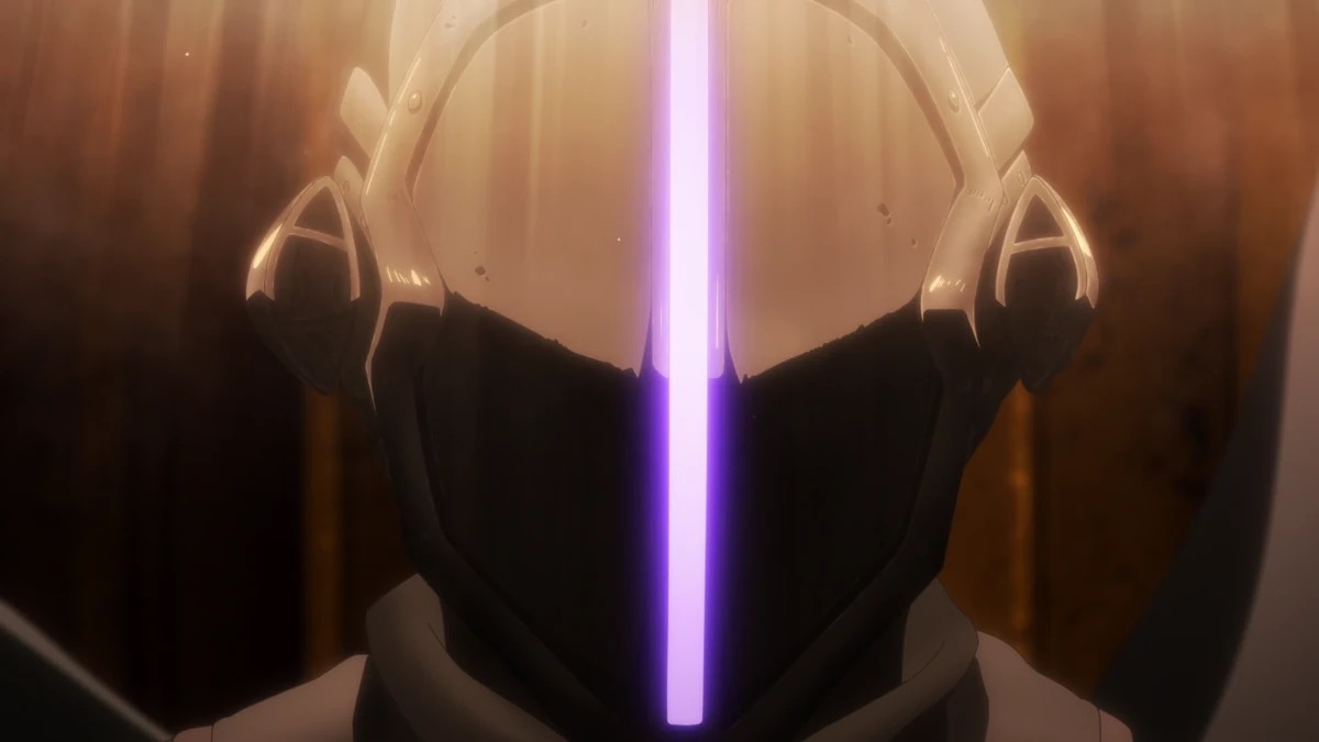 A man in a neon helmet stares into the camera in "Made In Abyss"