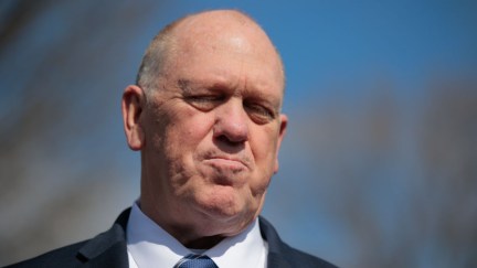 White House Border Czar Tom Homan talks with reporters on the driveway outside the West Wing on March 17, 2025 in Washington, DC. Homan defended President Donald Trump's use of the Alien Enemies Act of 1798 to send Venezuelan migrants to El Salvador over the weekend even after a federal judge had ordered that the planes reverse course and return the detainees to the United States.