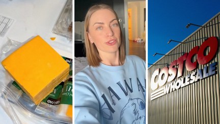 Kirkland sliced Cheese(l) Woman shares why she won't buy kirkland cheese(c) Costco Wholesale logo on building(r)
