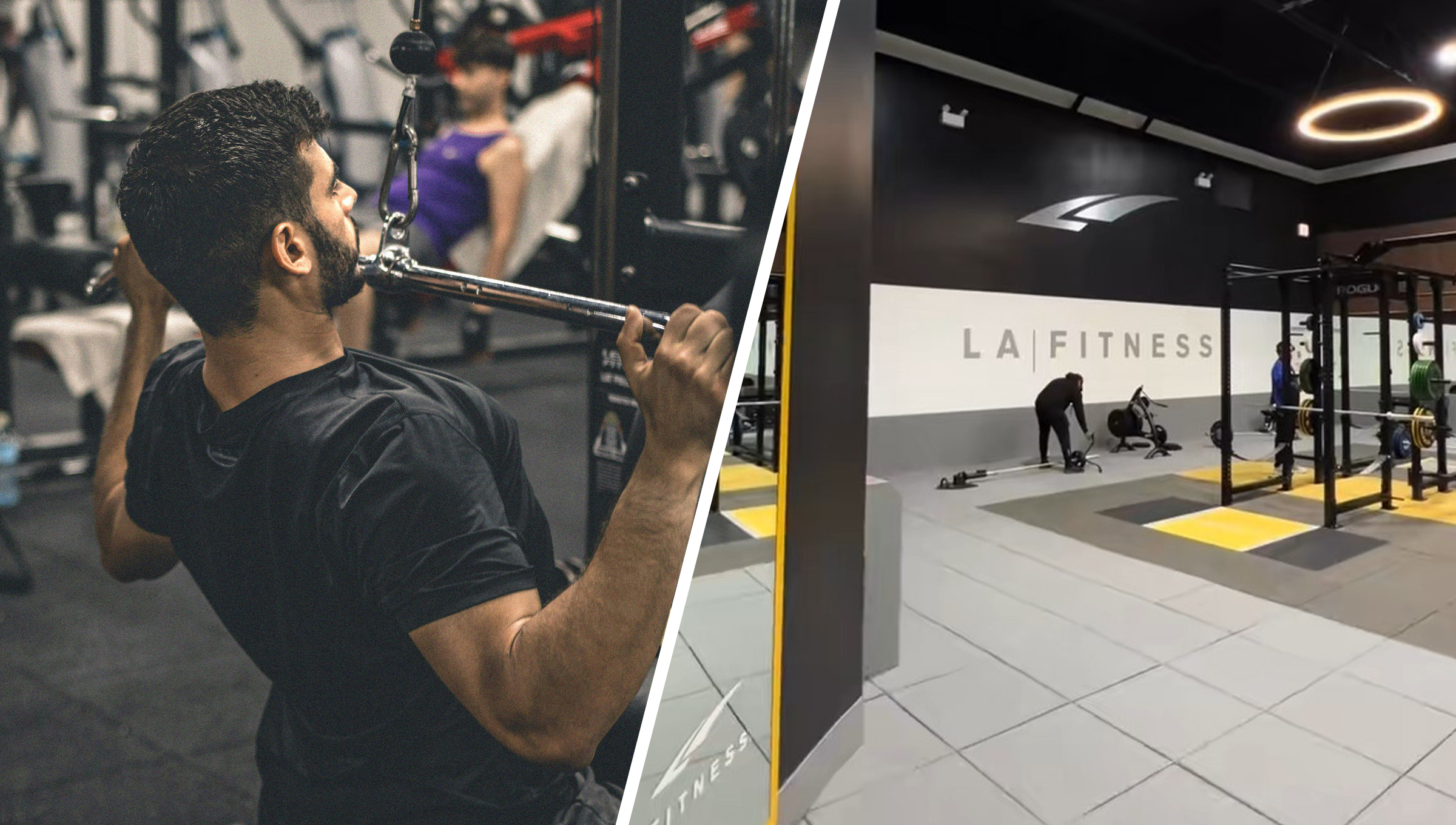 a man in a gym lifting a bar(l) Inside of LA Fitness Gym(r)